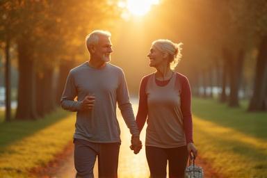 A couple in their 50s enjoying a brisk walk in a park, representing active joint health.