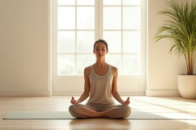 A person meditating serenely in a sunlit room, embodying stress management and mental calm.