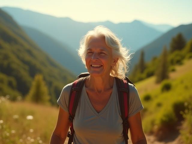 Vibrant senior woman joyful while hiking on a sunny mountain trail, embodying healthy aging and longevity with a wide smile.