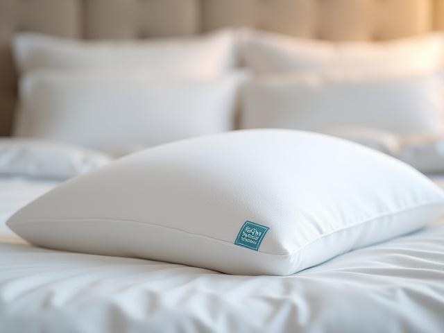 Ergonomic memory foam pillow on a bed, with 'Sylvan Health Approved' seal.